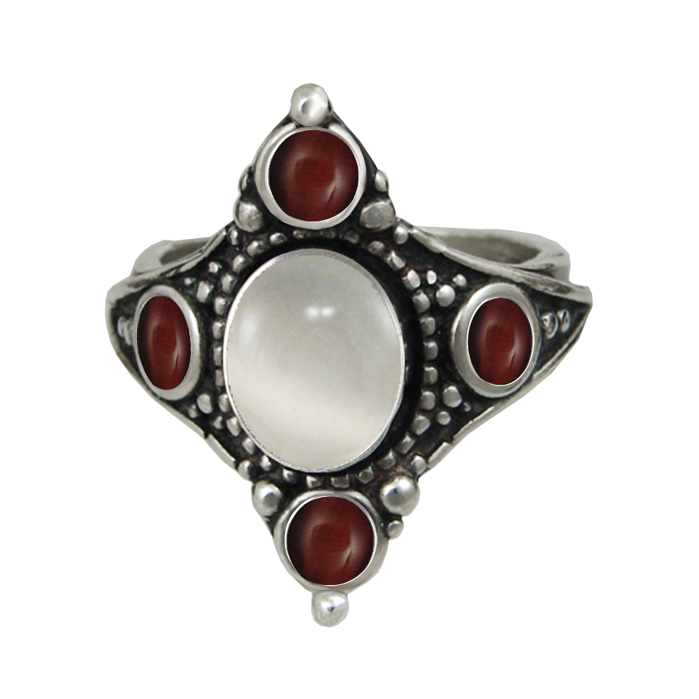 Sterling Silver Renaissance Queen's Ring With White Moonstone And Red Tiger Eye Size 12